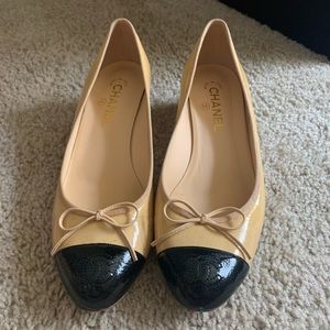 Tan and Black Chanel kitten heel flats